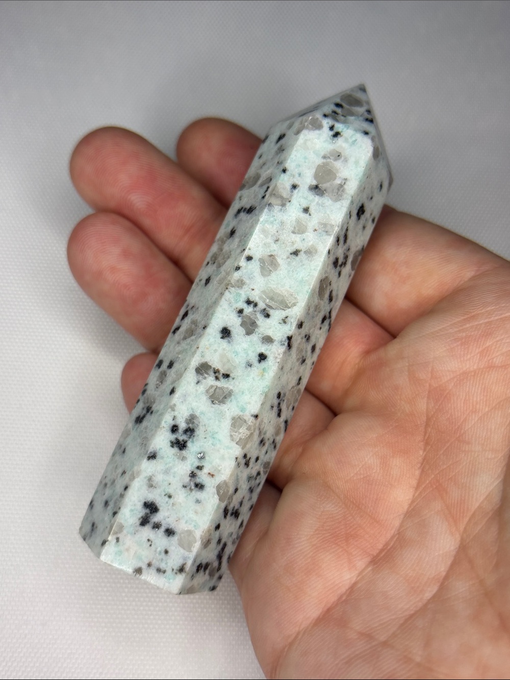 Kiwi Jasper Pale Aqua and Black Speckled Crystal Point